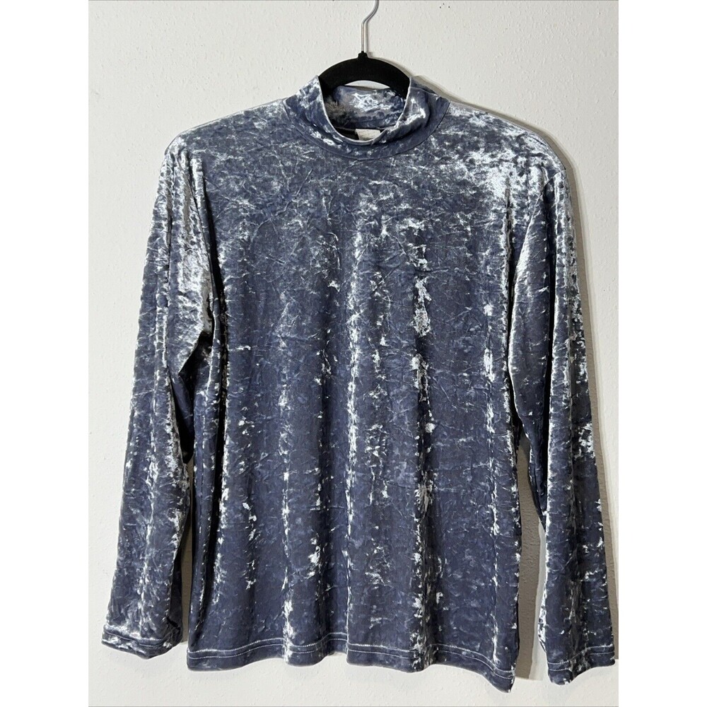 Womens Medium Top Crushed Velvet Turtleneck Baby Blue USA Vintage 90s HippieCore